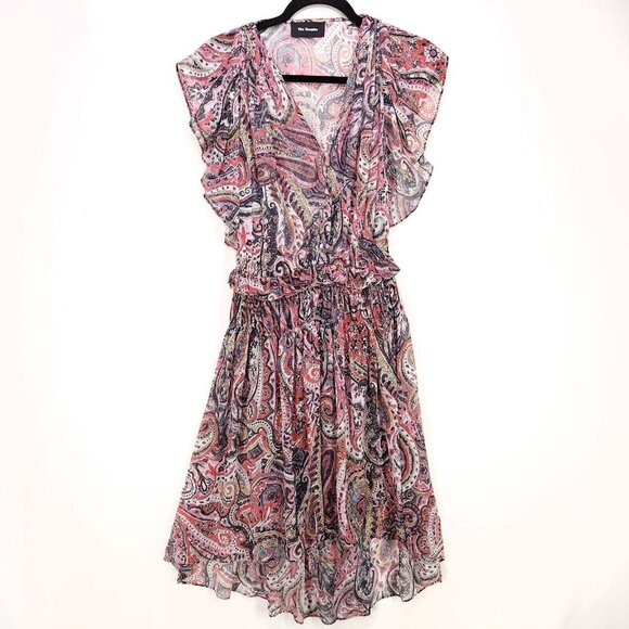 The Kooples Midi Dress Sheer Paisley Lightweight V-Neck Ruffle *Unlined XXS - Picture 2 of 14